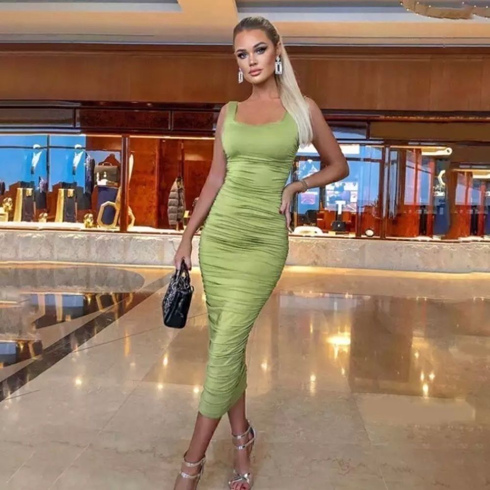 Lime Color Runched Dress - Picture 2 of 2